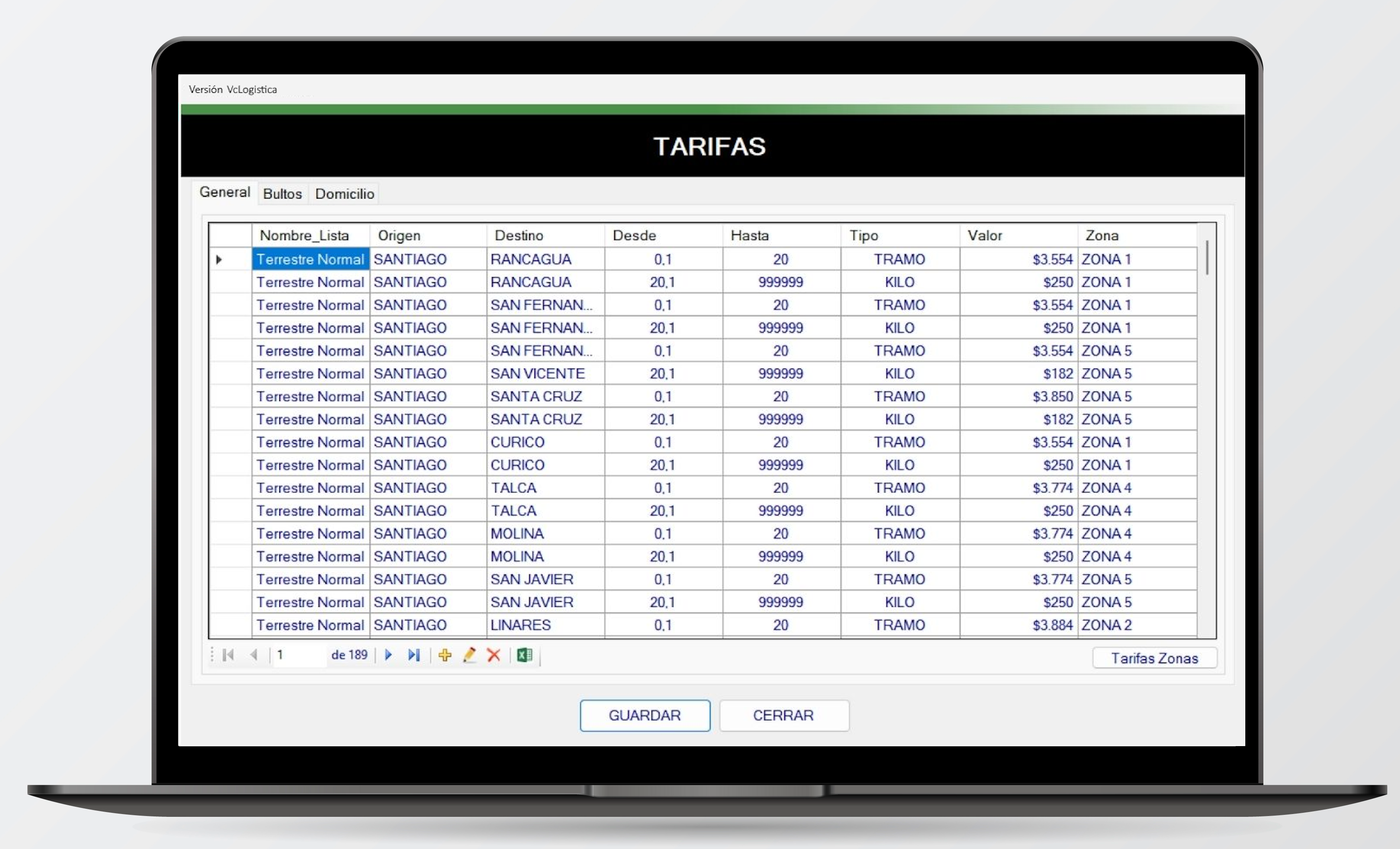 Tabla de tarifas